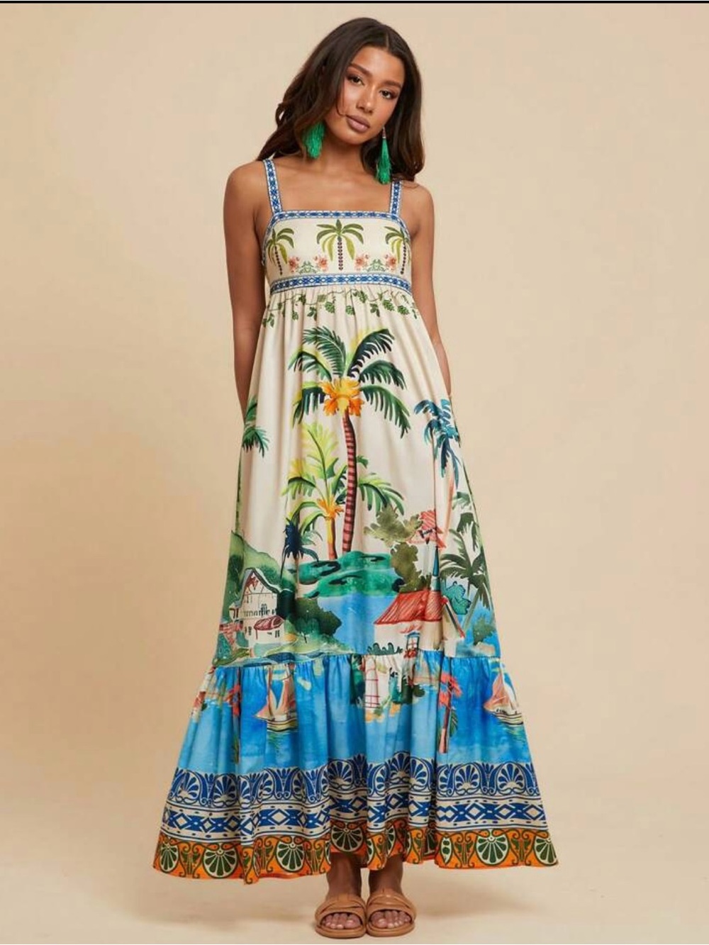 SHEIN Tropical Print Maxi Dress in Cream & Blue